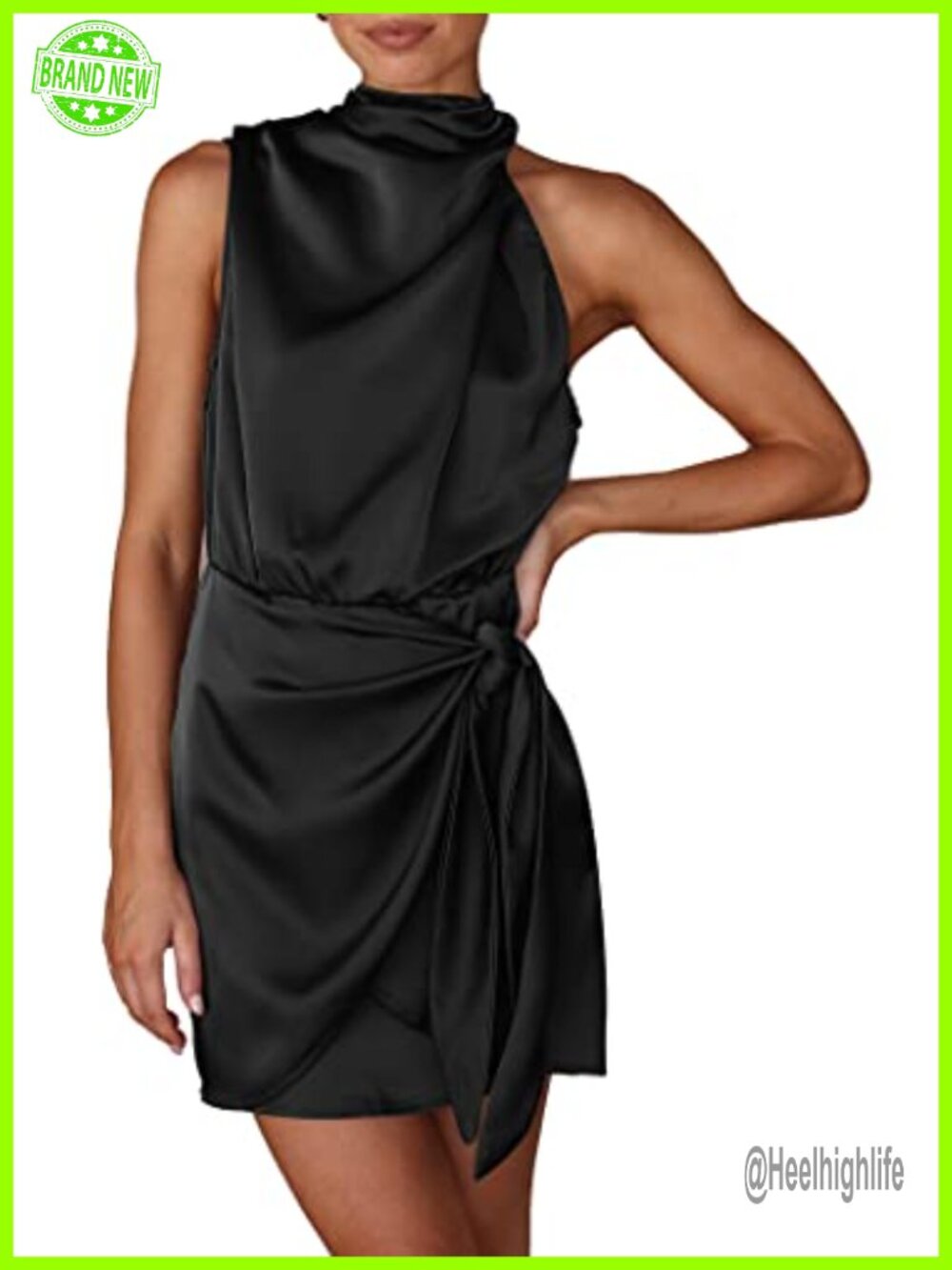PRETTYGARDEN Women's Satin Cocktail Mini Dress Sleeveless Mock Neck Tie Waist